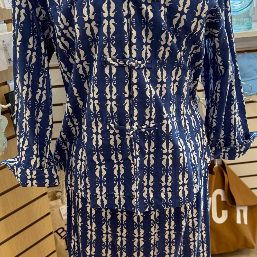 Three Islands Blue and White Seahorse Patterned skirt and matching top.